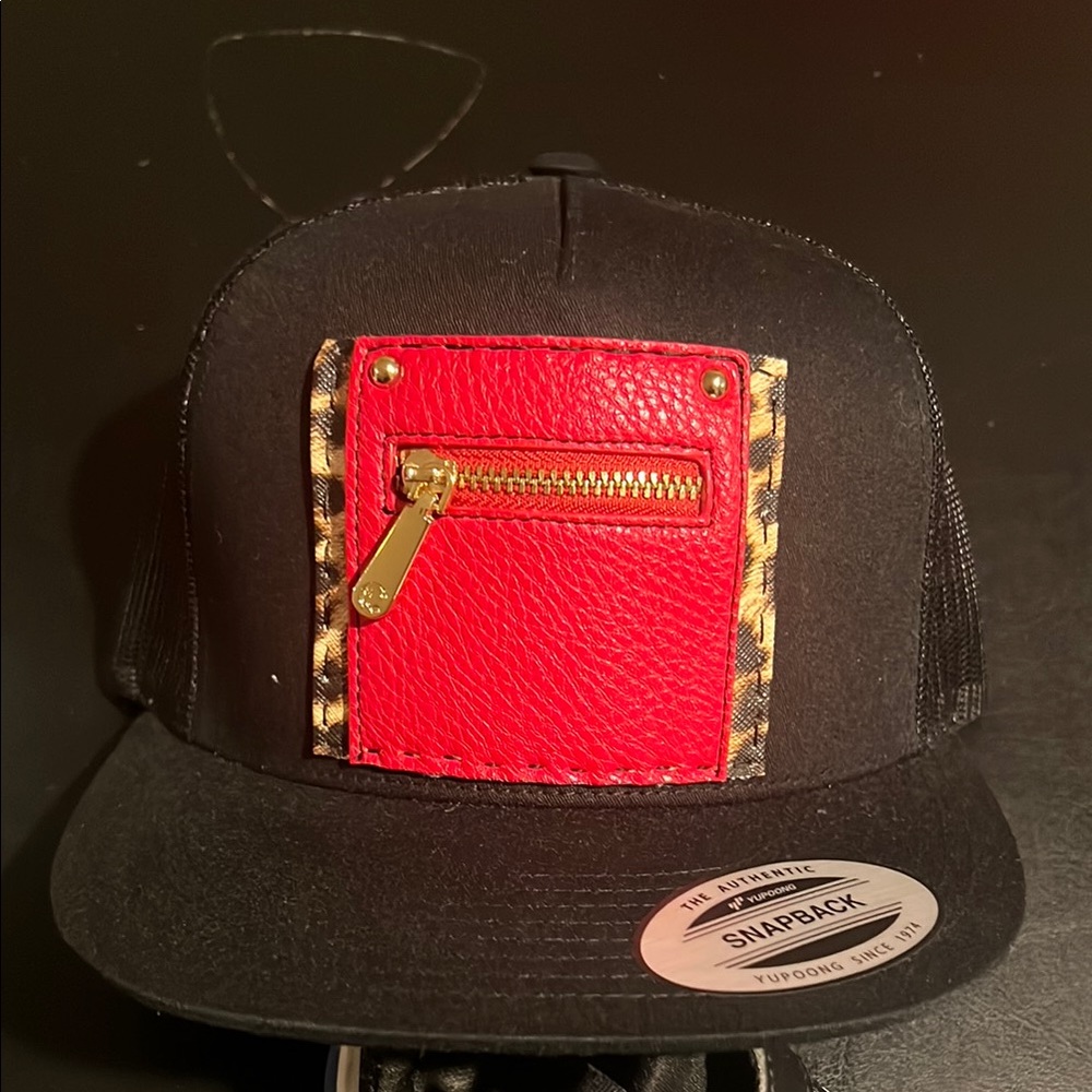 Black Snapback Hat with Red Leather Pocket